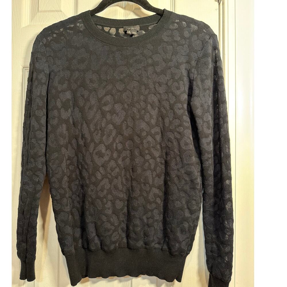 Theory Leopard Jacquard Crewneck Sweater Black, Petite P